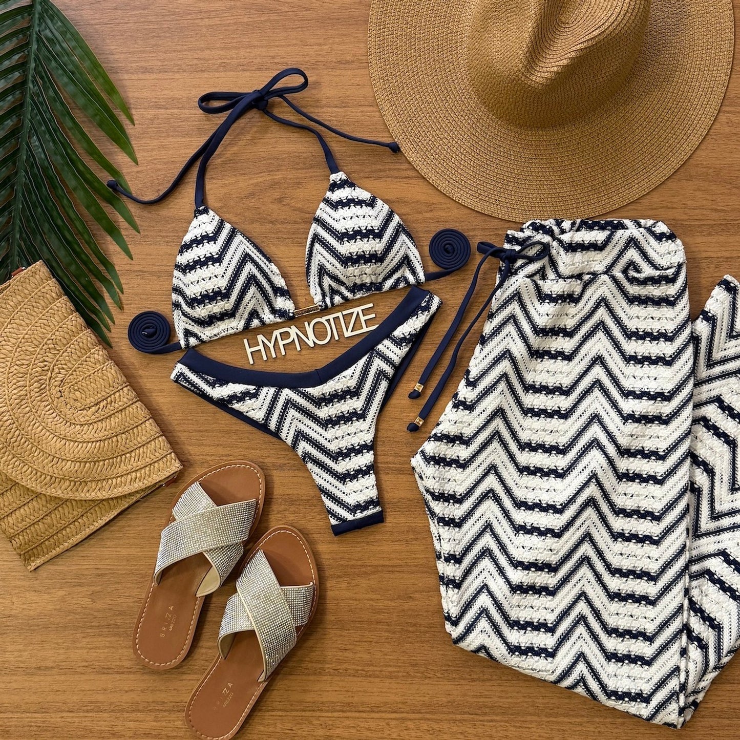 BEACH PANTS TAILANA - CROCHET LEAVES NAVY BLUE