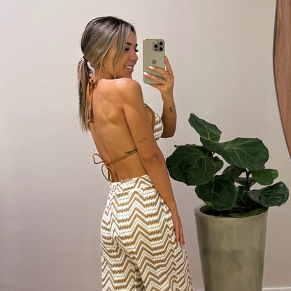 BEACH PANTS TAILANA - CROCHET LEAVES BROWN